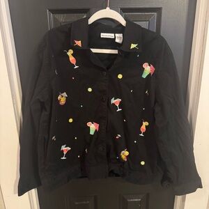 Breckenridge Women’s Xl Black Embroidered Tropical Cocktail Cotton Button Jacket